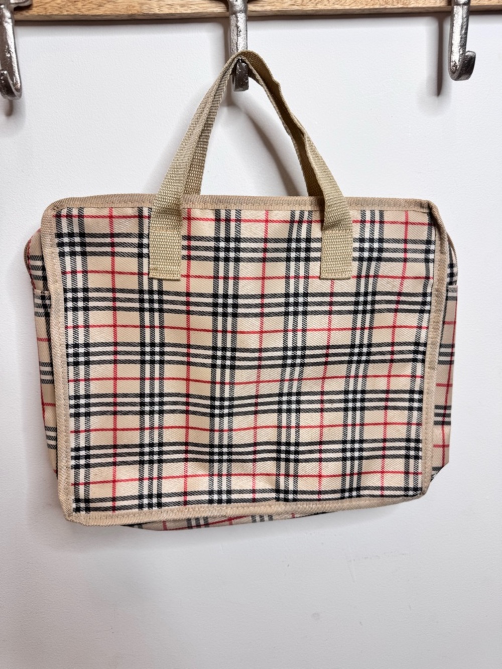 Vintage Beige Plaid Travel Tote with Red and Black Accent